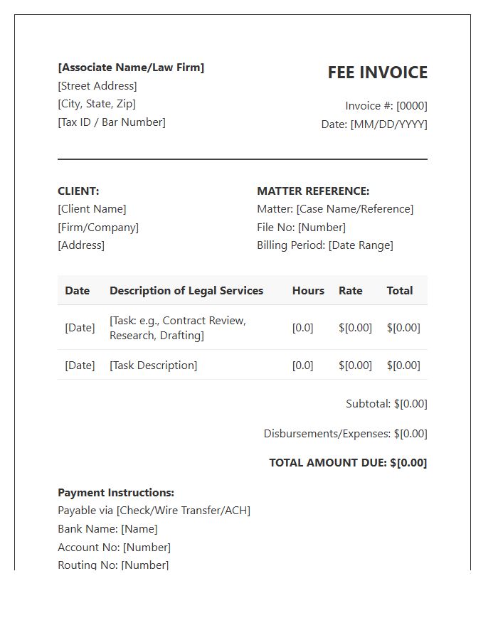 Contract Legal Associate Fee Invoice Template
