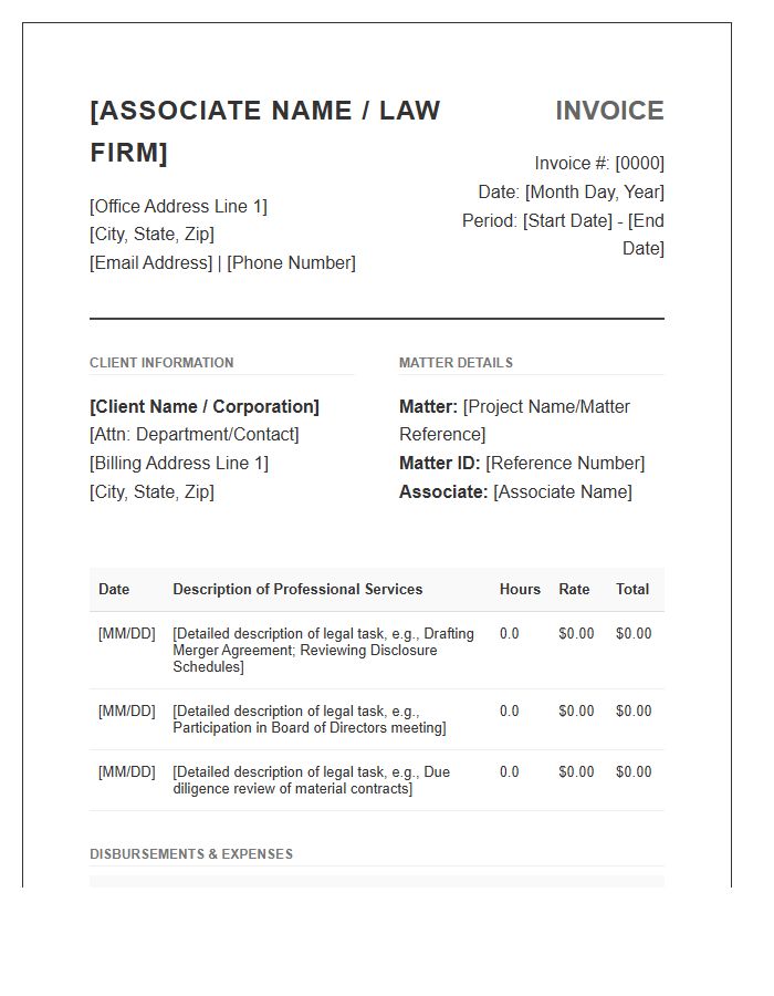 Corporate Legal Associate Monthly Invoice Template