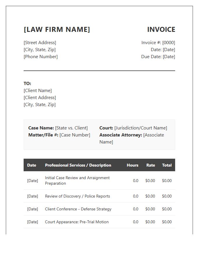 Criminal Defense Associate Legal Invoice Template