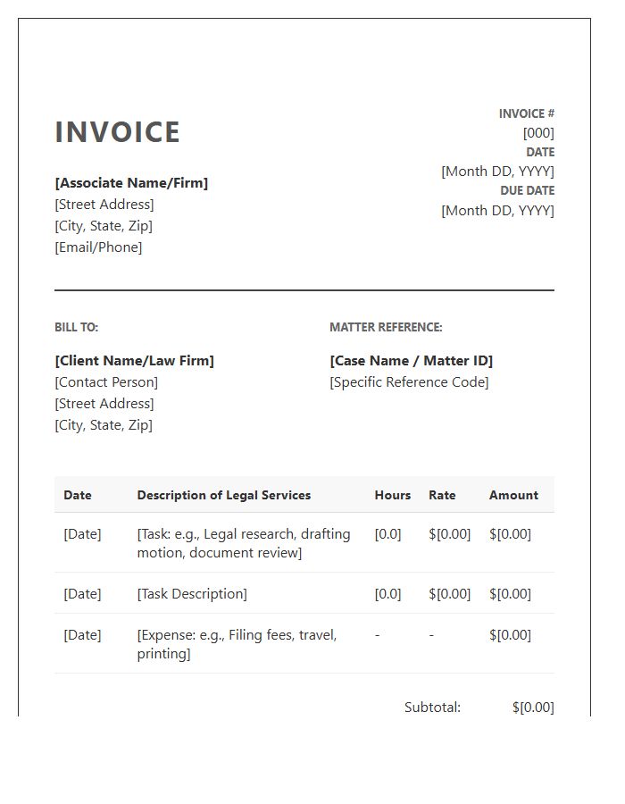 Freelance Legal Associate Work Invoice Template