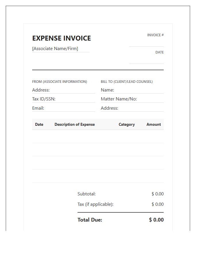 Independent Legal Associate Expense Invoice Template