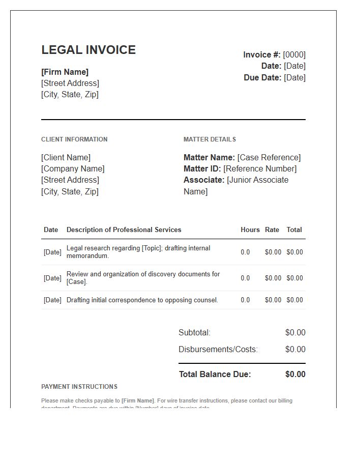 Junior Legal Associate Billing Invoice Template