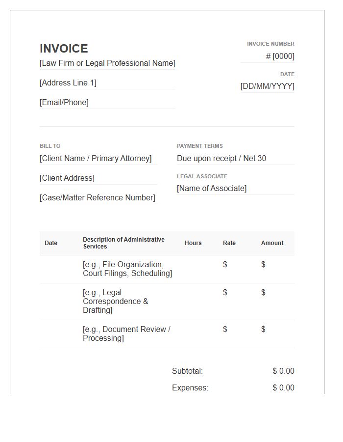 Legal Associate Administrative Support Invoice Template