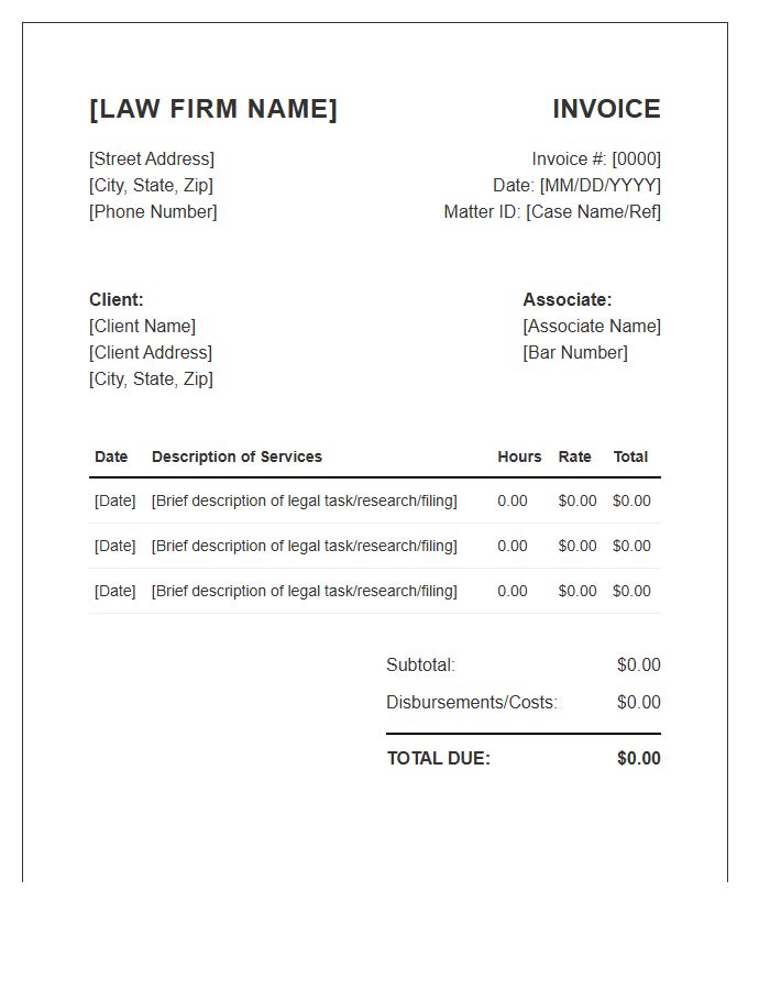 Legal Associate Hourly Rate Invoice Template