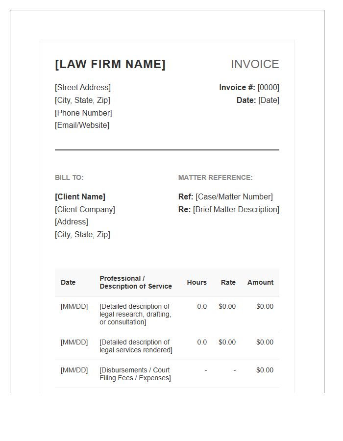Professional Law Associate Service Invoice Template