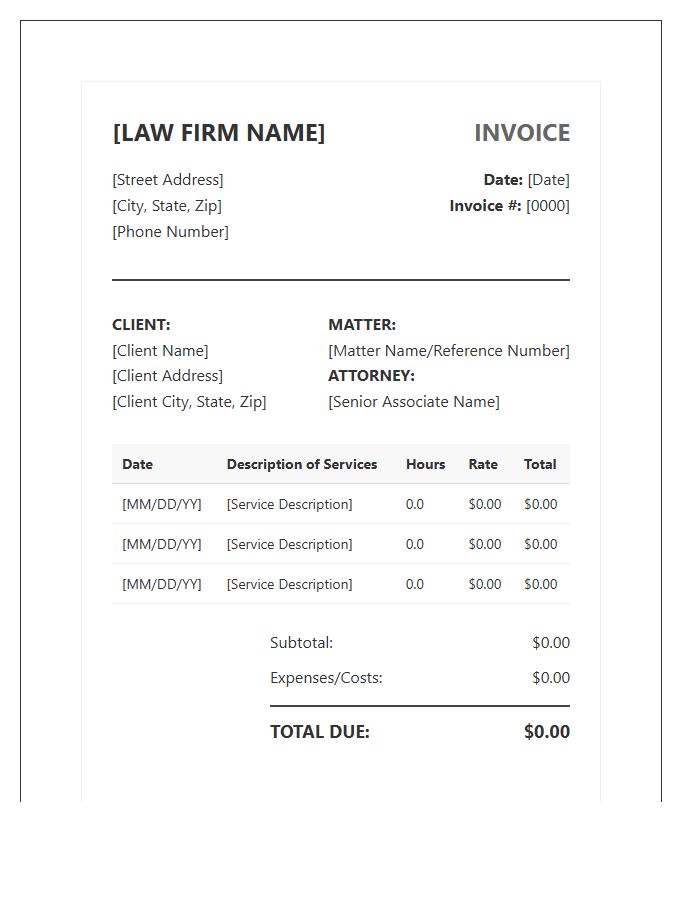 Senior Associate Attorney Legal Invoice Template