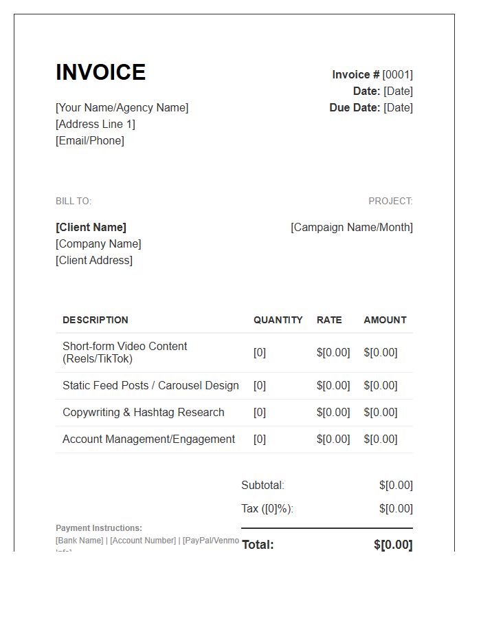 Social Media Content Invoice Template