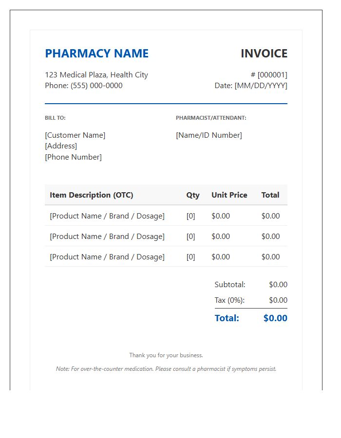 Over The Counter Medicine Invoice Template