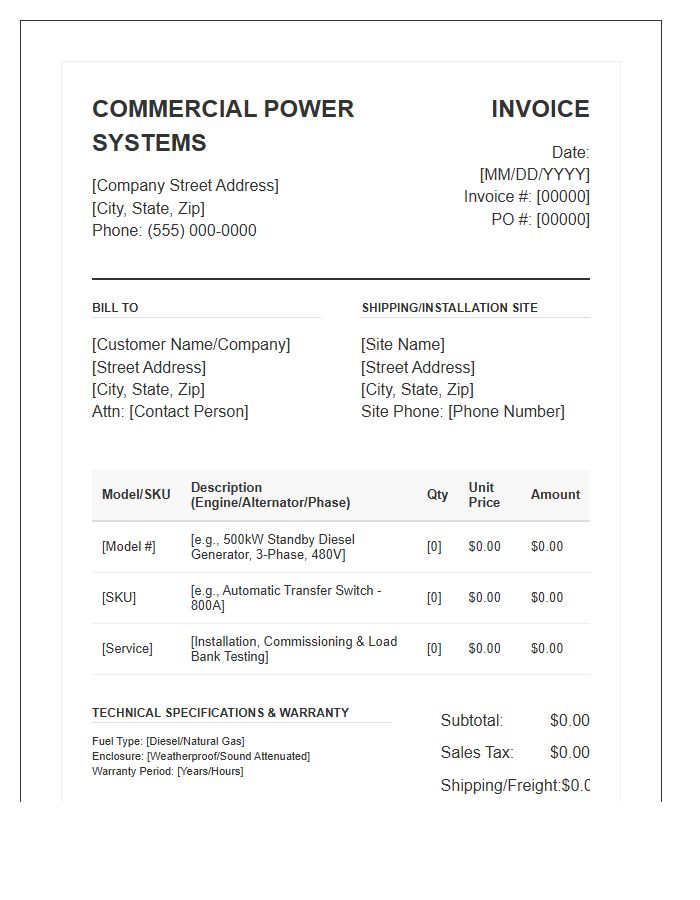 Commercial Power Generator Sales Invoice Template