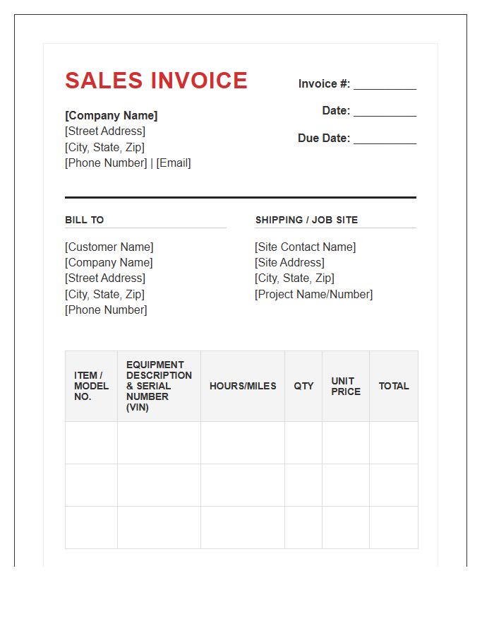 Heavy Duty Construction Equipment Sales Invoice Template