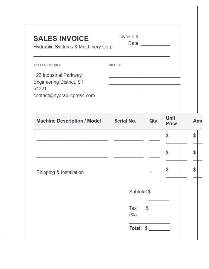 Hydraulic Press Machinery Sales Invoice Template