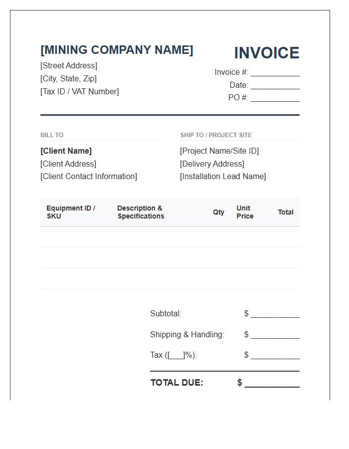 Industrial Mining Equipment Sales Invoice Template