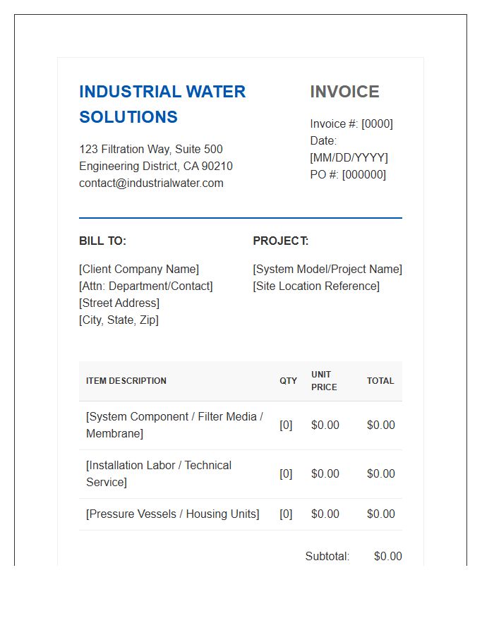 Industrial Water Filtration System Invoice Template