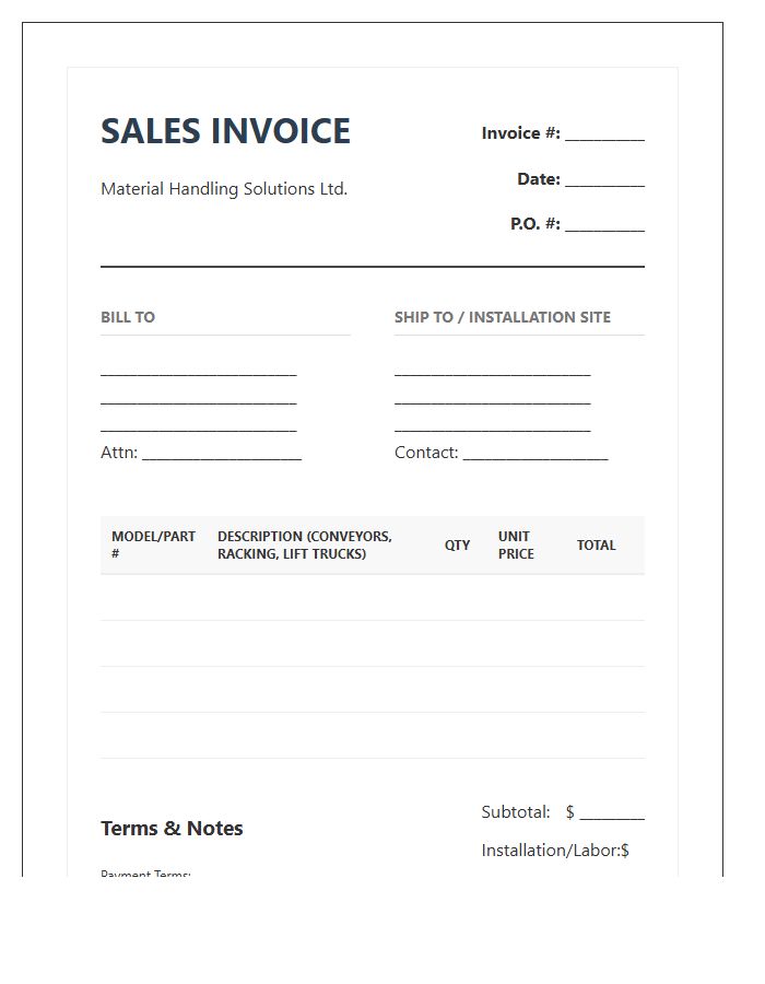 Material Handling System Sales Invoice Template