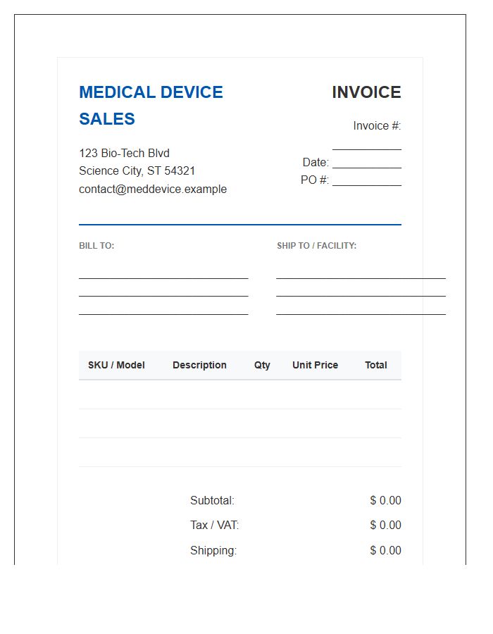 Medical Laboratory Device Sales Invoice Template