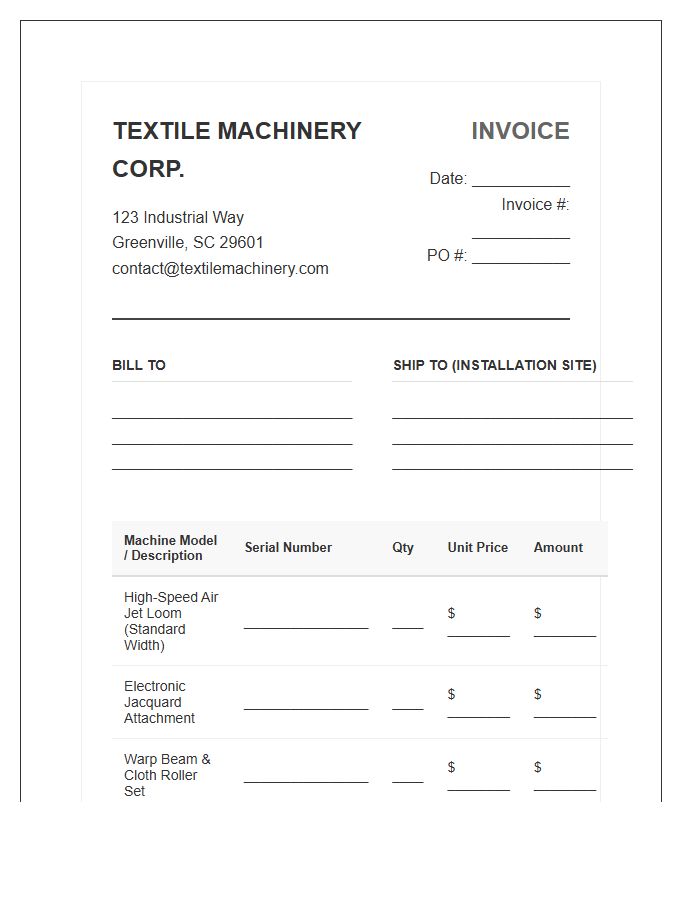 Textile Manufacturing Loom Sales Invoice Template