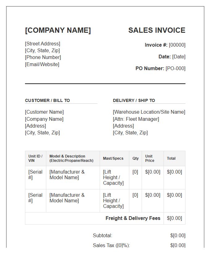 Warehousing Forklift Fleet Sales Invoice Template