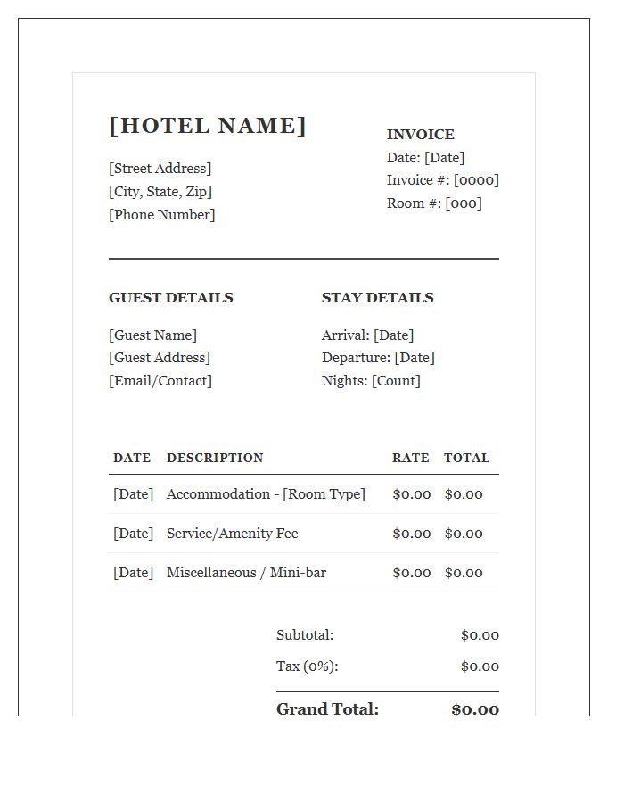Boutique Hotel Guest Room Invoice Template