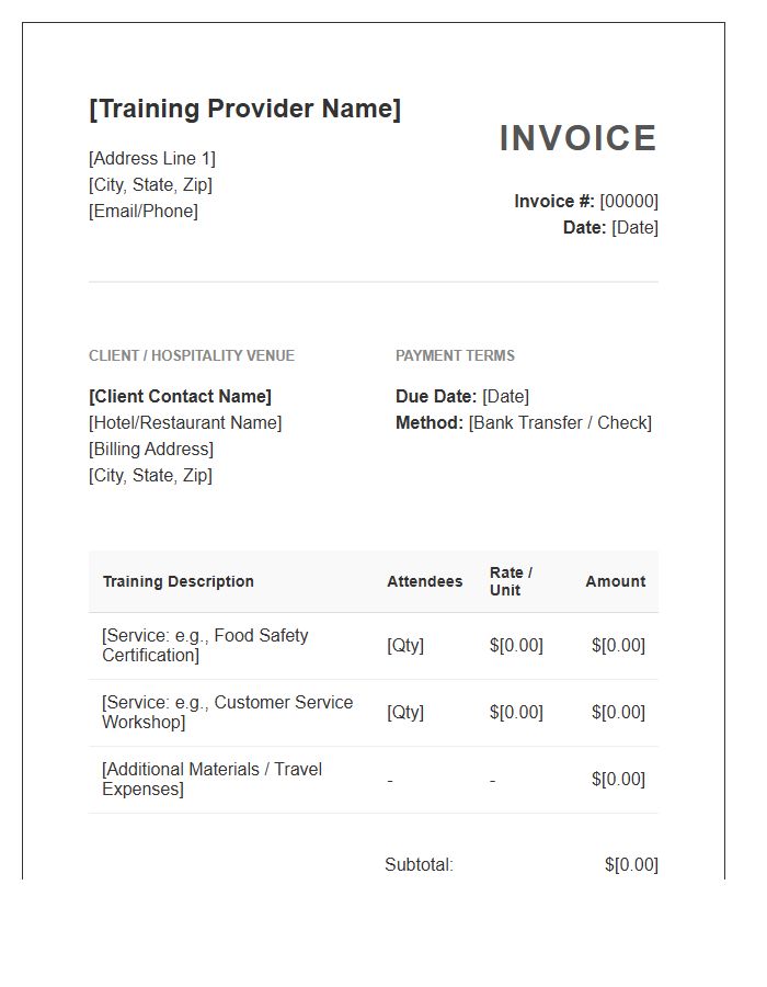 Hospitality Industry Training Service Invoice Template