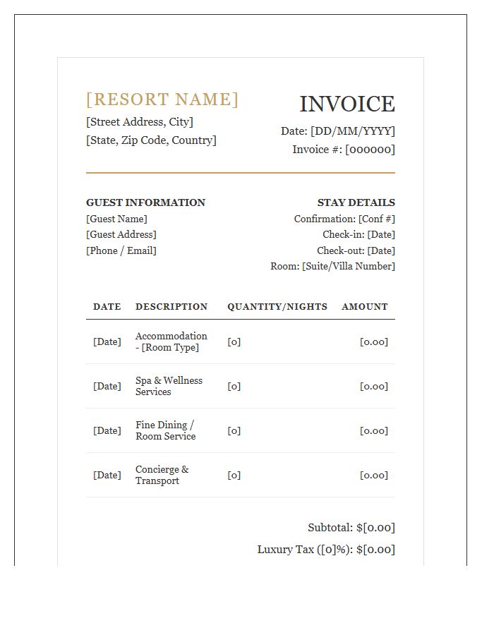 Luxury Resort Accommodation Billing Invoice Template