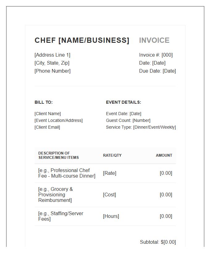 Private Chef Culinary Service Invoice Template