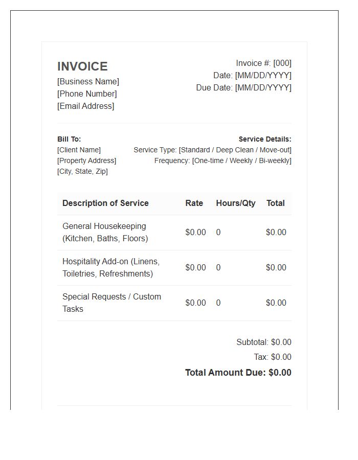 Residential Housekeeping Hospitality Service Invoice Template