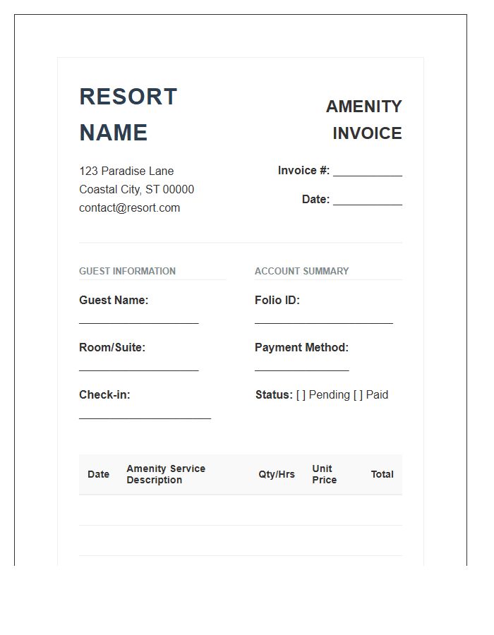 Resort Amenity Usage Service Invoice Template