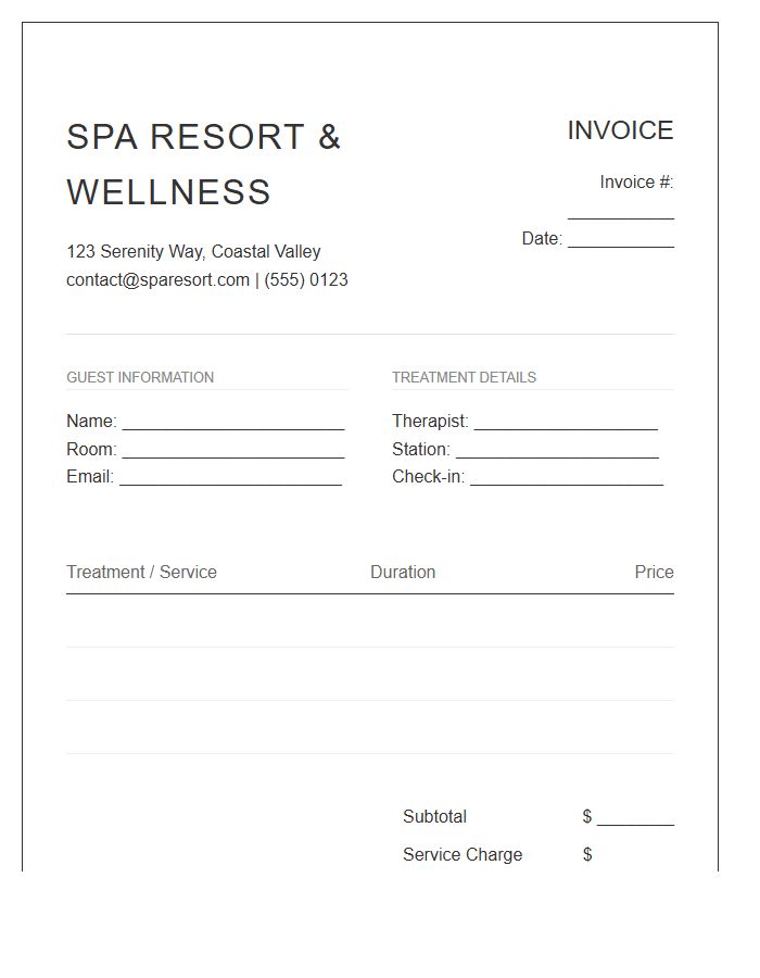 Spa Resort Wellness Treatment Invoice Template