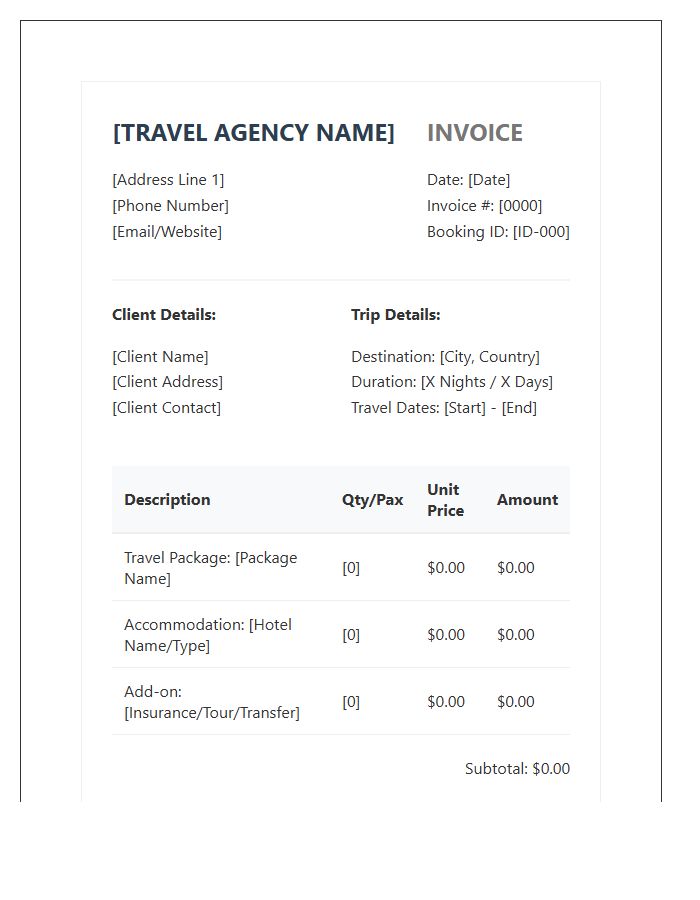 Travel Agency Package Booking Invoice Template