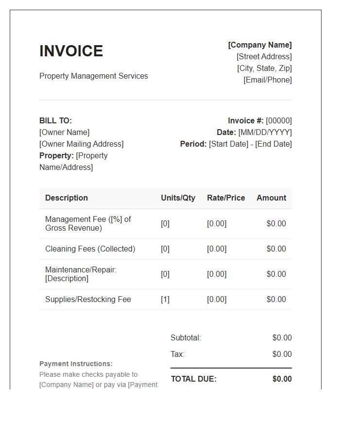 Vacation Rental Property Management Invoice Template