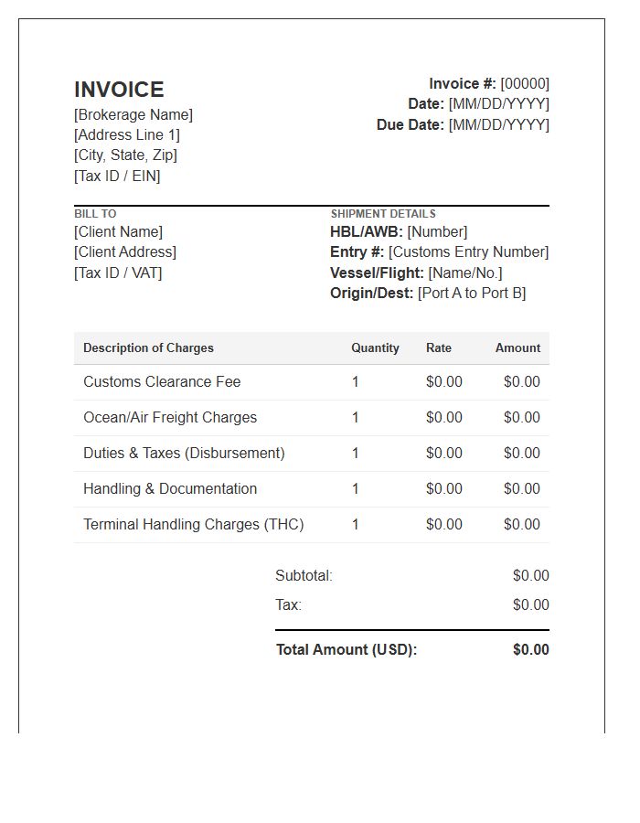 Customs Brokerage And Logistics Invoice Template