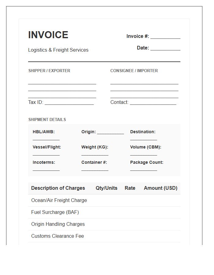 International Shipping Logistics Invoice Template