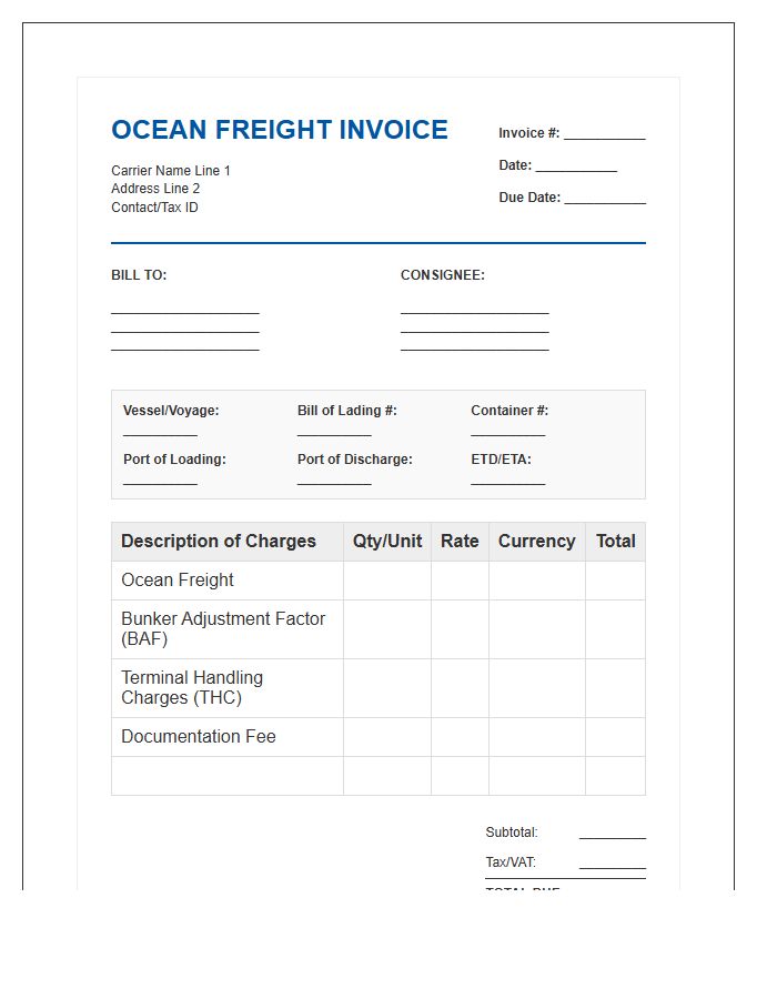 Ocean Freight Carrier Sales Invoice Template