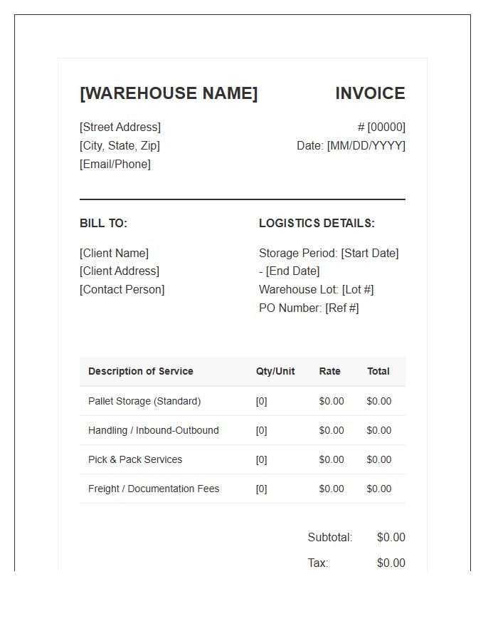 Warehouse Storage And Logistics Invoice Template