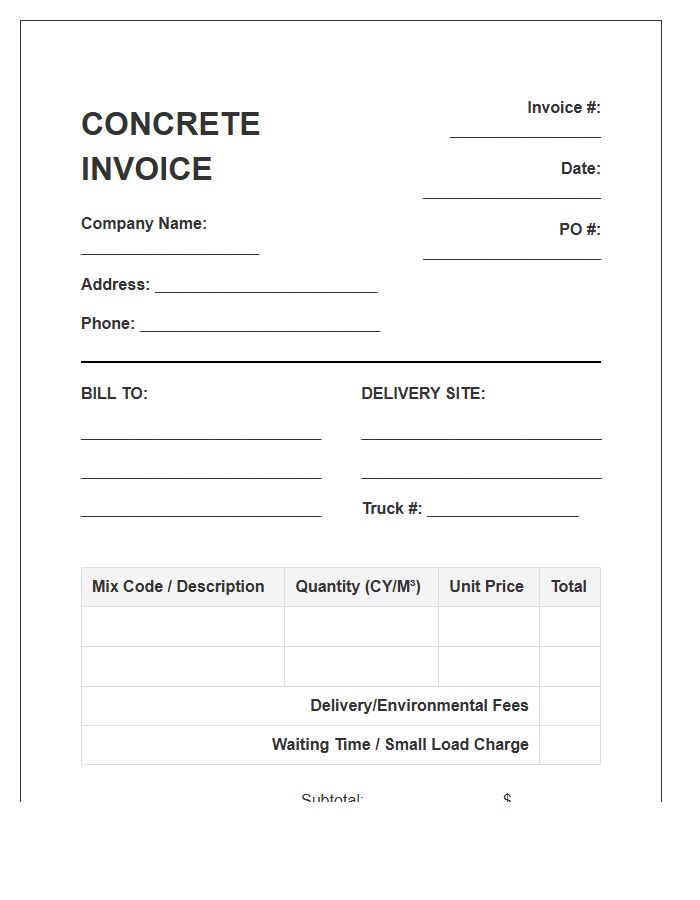 Bulk Concrete Delivery Invoice Template