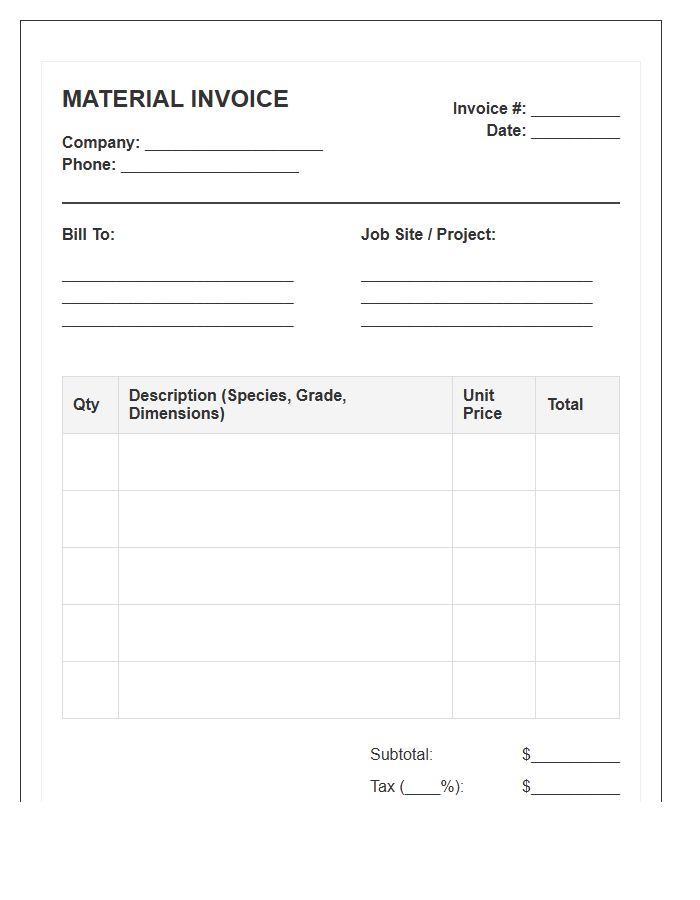 Cabinetry Material Order Invoice Template