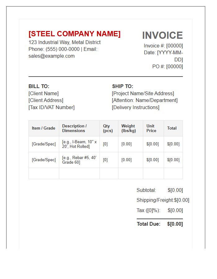 Commercial Steel Supplier Invoice Template
