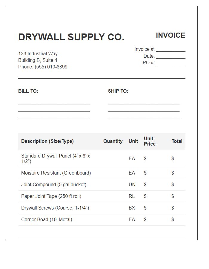 Drywall Supply Shipment Invoice Template