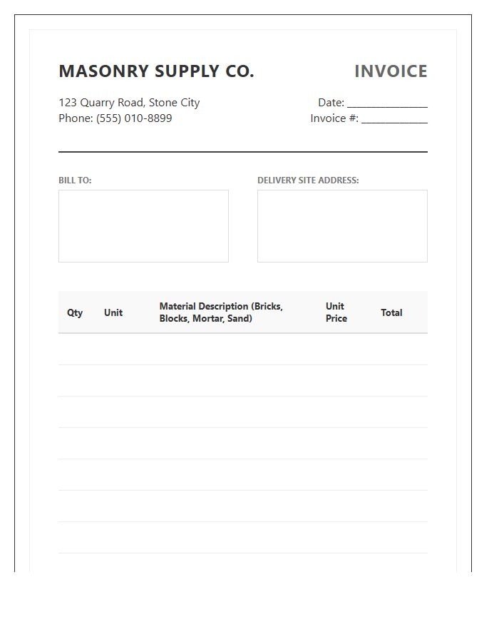 Masonry Material Order Invoice Template