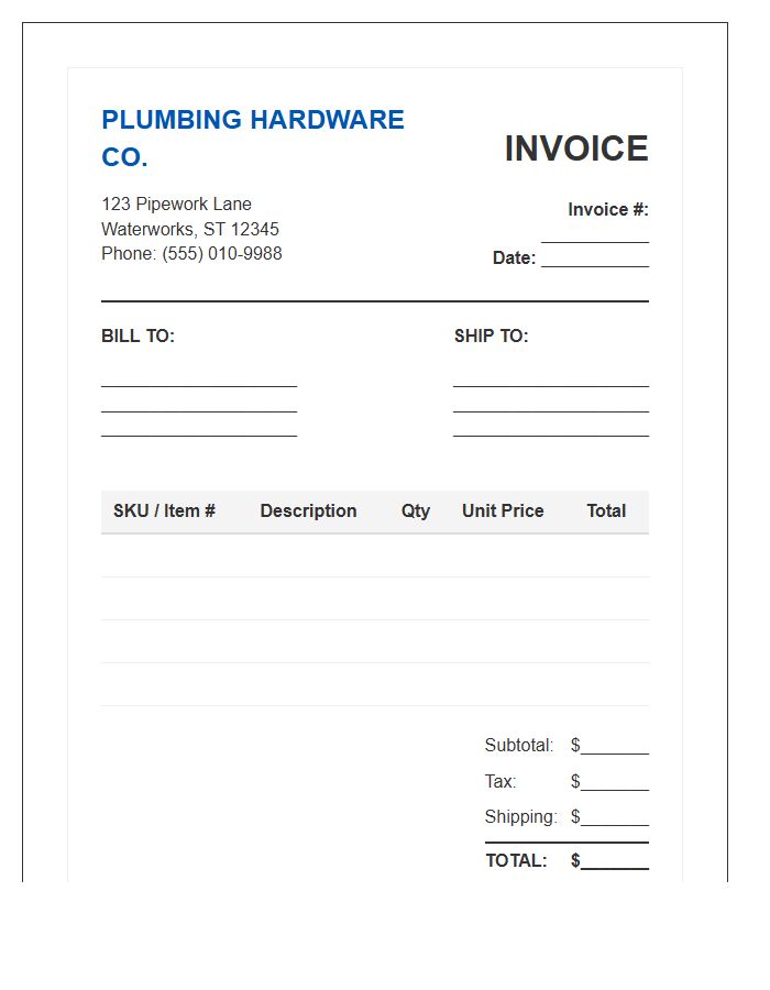 Plumbing Hardware Vendor Invoice Template