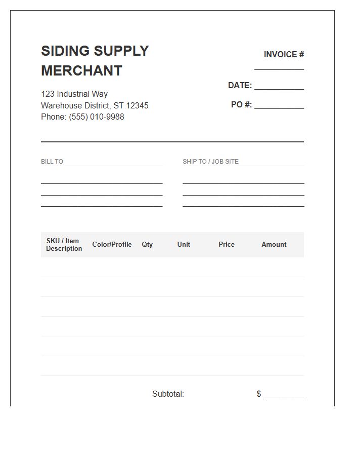 Siding Supply Merchant Invoice Template