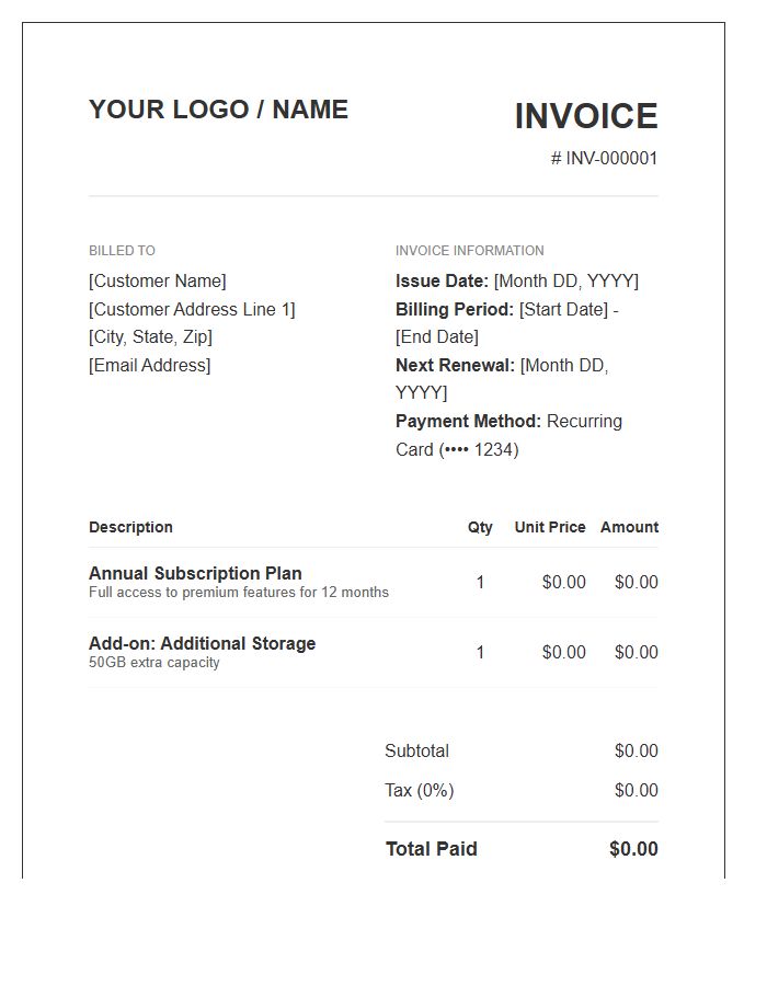 Annual Subscription Recurring Invoice Template