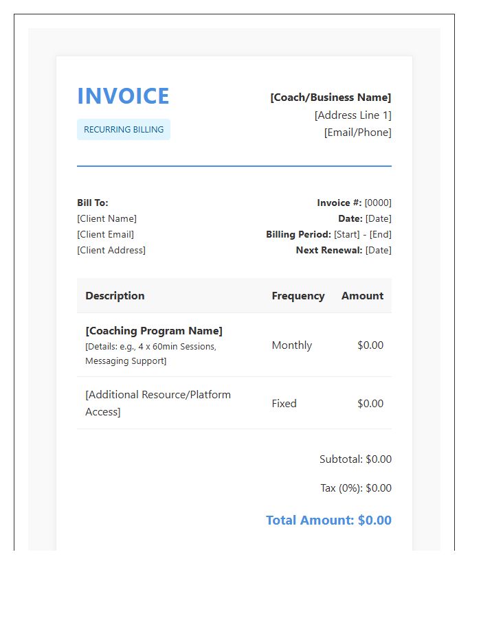Recurring Invoice Template For Online Coaching