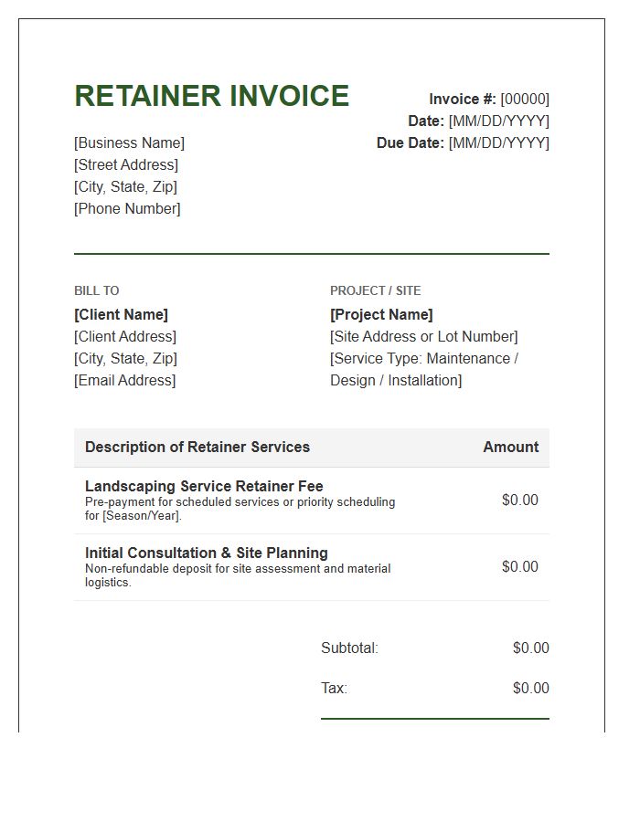 Landscaping Retainer Fee Invoice Template