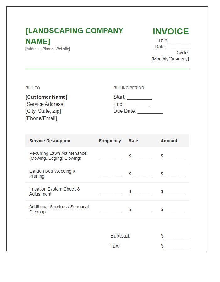 Landscaping Service Recurring Revenue Invoice Template