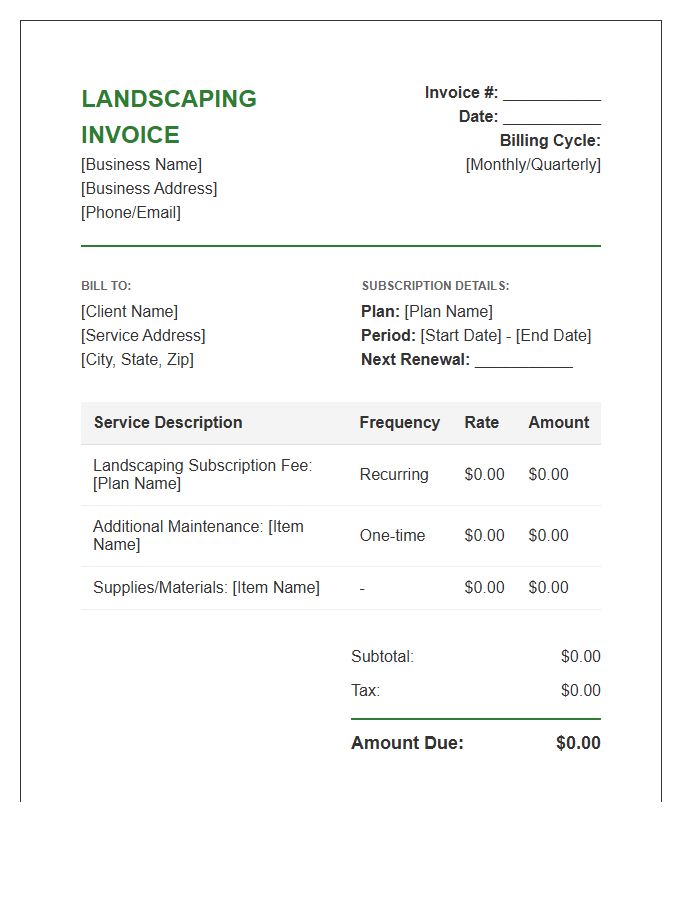 Landscaping Subscription Billing Invoice Template