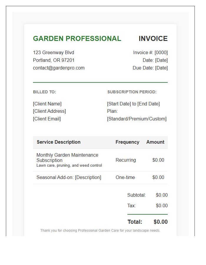Professional Garden Care Subscription Invoice Template