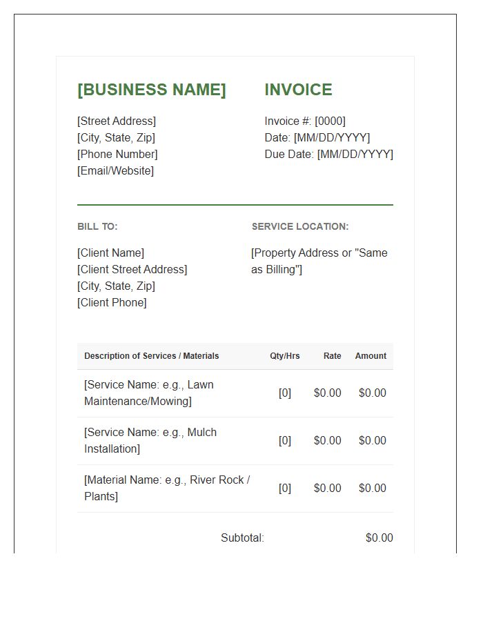 Professional Residential Landscaping Invoice Template