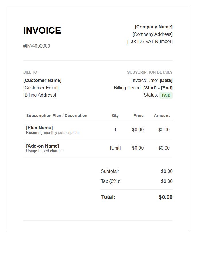Automated Subscription Billing Invoice Template