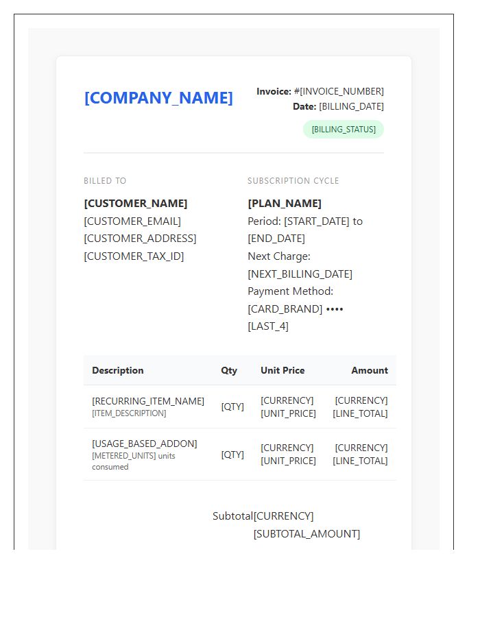Recurring Billing Automation Invoice Template Framework